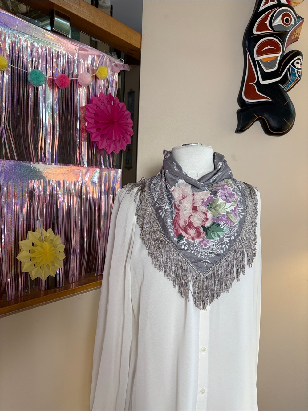 Floral Fringe Gray Bandana Scarf - Women's Wrap